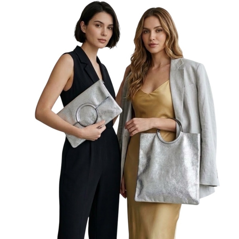 Leather Metallic Silver Foldover Clutch Bag Gunmetal Ring Handle Tote Shimmer